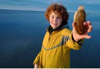 Boy holding a razor clam